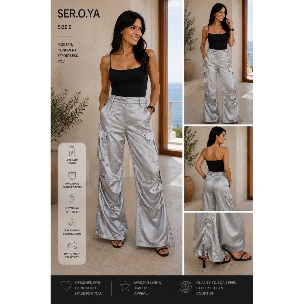 SER.O.YA Women's Sz Small Lai Satin Cargo Pants Silver Wide Leg Utility NWT $295